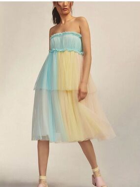 Strapless Tiered Tulle Midi Dress in Pastel Blue, Yellow & Pink Sz L/XL